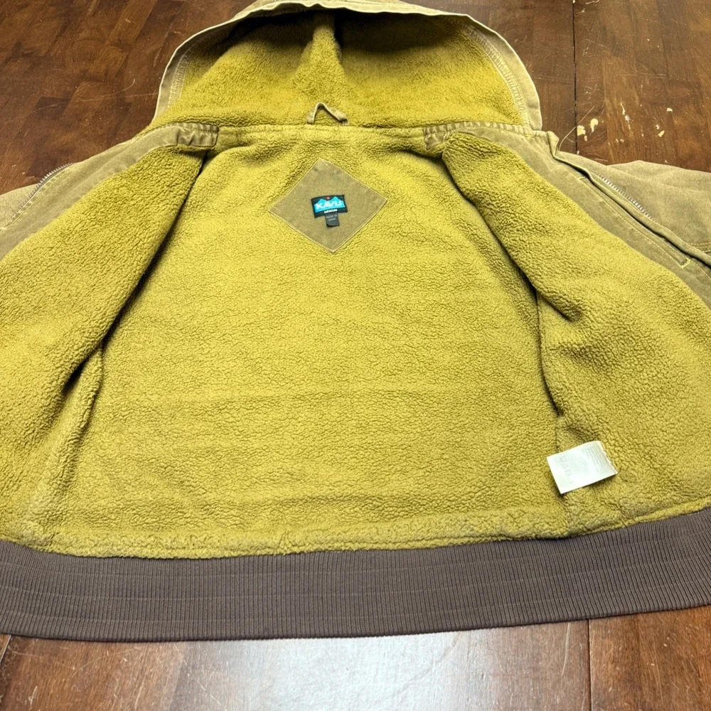 KAVU Sherpa Lined‎ Canvas Hooded Jacket Youth Medium Brown Zip Up Casual